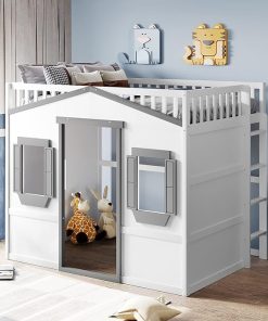 Wood Full Loft Bed for Kids with Windows and Guardrail, No Box Spring 2