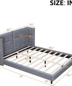 Queen Size Platform Bed with LED Lights U-Shape Headboard Grey Linen 2