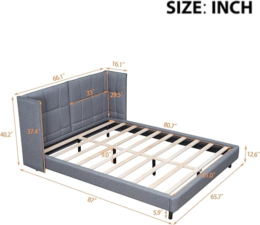 Queen Size Platform Bed with LED Lights U-Shape Headboard Grey Linen 2 Queen Size Platform Bed with LED Lights U-Shape Headboard Grey Linen - Image 2