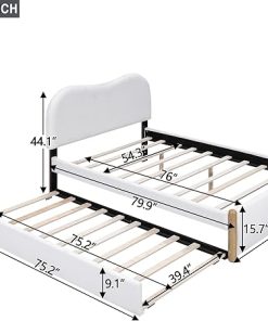 Full Size Upholstered Bed Frame with Trundle for Kids, White 2