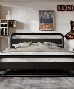 Queen Size Metal Bed Frame with Wooden Headboard and Under Bed Storage