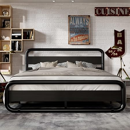 Queen Size Metal Bed Frame with Wooden Headboard and Under Bed Storage Queen Size Metal Bed Frame with Wooden Headboard and Under Bed Storage