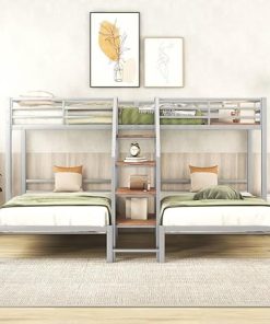 Metal L-Shaped Twin Triple Bunk Bed Frame with Staircase for Kids