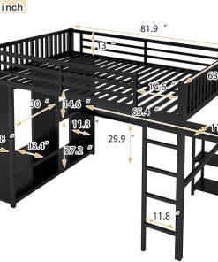 Queen Size Metal Loft Bed Frame with Desk and Storage Shelves 2