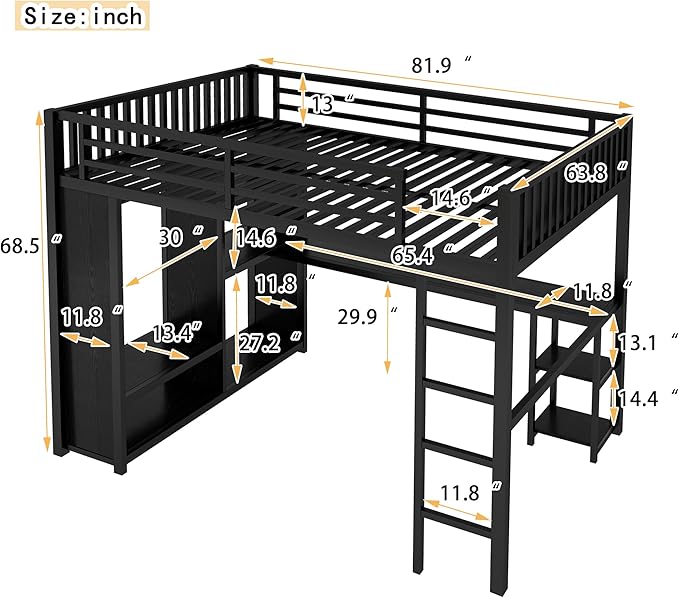 Queen Size Metal Loft Bed Frame with Desk and Storage Shelves 2 Queen Size Metal Loft Bed Frame with Desk and Storage Shelves - Image 2