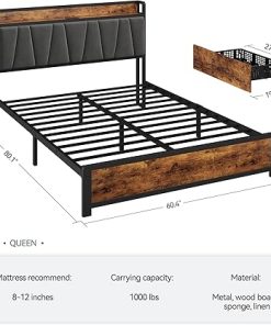 Queen Size Bed Frame with Storage and Charging Station Vintage Brown 2