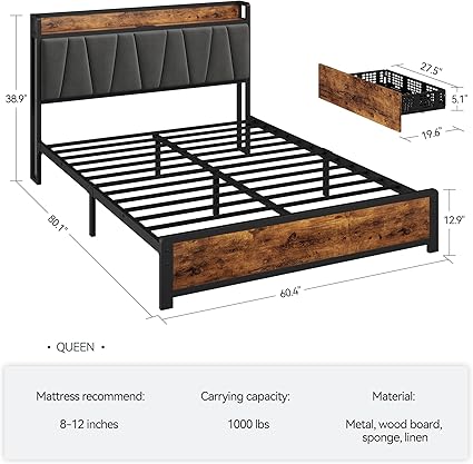 Queen Size Bed Frame with Storage and Charging Station Vintage Brown 2 Queen Size Bed Frame with Storage and Charging Station Vintage Brown - Image 2