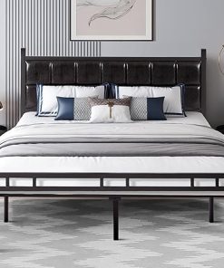 VECELO Queen Bed Frame with PU Upholstered Headboard, Heavy Duty Platform Bedframes, Metal Slats Support, No Box Spring Needed, Matter Black