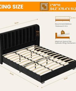 Queen Size Lift Up Storage Bed Frame with Velvet Wingback Design 2