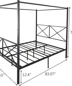 Queen Size Metal Canopy Bed Frame with Headboard and Footboard Black 2