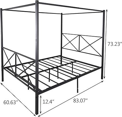 Queen Size Metal Canopy Bed Frame with Headboard and Footboard Black 2 Queen Size Metal Canopy Bed Frame with Headboard and Footboard Black - Image 2