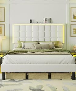 AMERLIFE Full Size Button Tufted Bed Frame with LED Lights and Charging