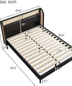 Queen Rattan Wood Bed Frame with PU Leather Headboard for Bedroom 2
