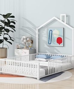 Metal Floor Bed with House-Shaped Headboard for Kids and Teens