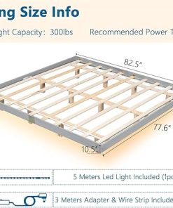 King Size Floating Bed Frame with LED Lights Solid Pine Wood Grey 2
