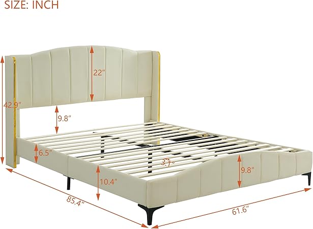 Merax Queen Size PU Leather Bed Frame with Wingback Headboard Beige 2 Merax Queen Size PU Leather Bed Frame with Wingback Headboard Beige - Image 2