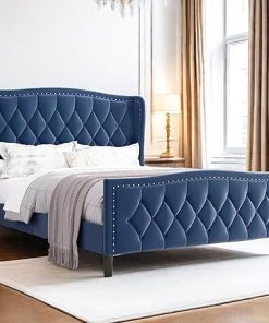 Velvet Full Bed Frame with Wingback Headboard Modern Upholstered