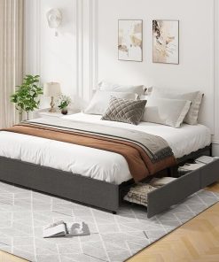 Queen Upholstered Platform Bed Frame with 4 Storage Drawers