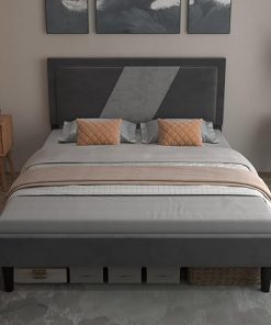 Modern Upholstered Bed Frame with Adjustable Headboard and Wood Slats
