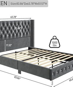 Queen Velvet LED Upholstered Bed Frame with Wingback and USB Ports 2