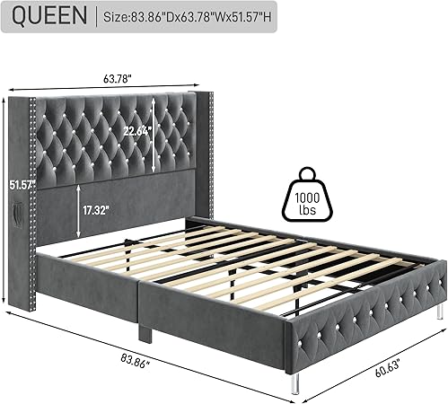 Queen Velvet LED Upholstered Bed Frame with Wingback and USB Ports 2 Queen Velvet LED Upholstered Bed Frame with Wingback and USB Ports - Image 2