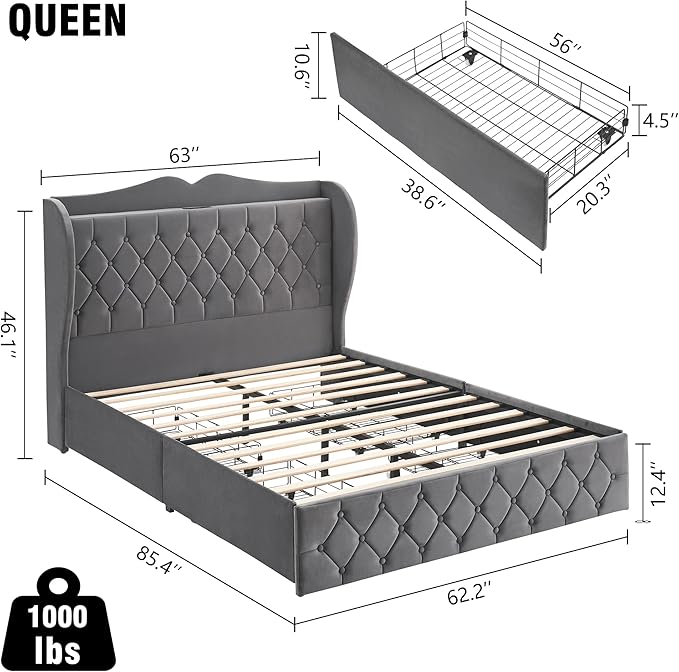 Queen Size Bed Frame with Storage Drawers and Charging Station 2 Queen Size Bed Frame with Storage Drawers and Charging Station - Image 2