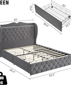 Queen Bed Frame with Charging Station and 4 Storage Drawers Gray 2