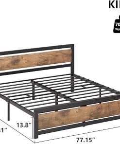 King Size Bed Frame with Wooden Headboard and Metal Platform Rustic Brown 2