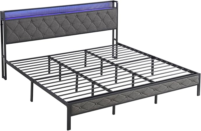 Modern King Size Bed Frame with Storage Headboard and Charging Station Modern King Size Bed Frame with Storage Headboard and Charging Station