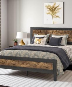 MUTICOR Industrial Queen Bed Frame with Wooden Headboard and Rivets