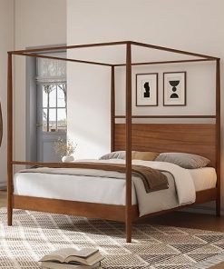 Walnut Queen Size Canopy Bed Frame with Headboard and 4 Posters