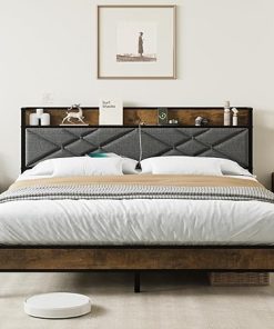King Size Bed Frame with Headboard and Charging Station Grey Vintage