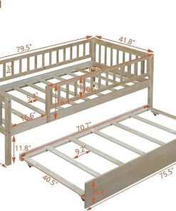 Twin Size Bed Frame with Trundle and Guardrails for Kids and Teens 2