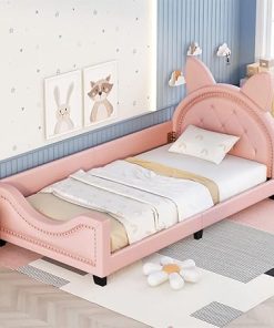 Cat Ears Twin Daybed Frame for Girls Boys Pink Upholstered Bed
