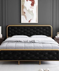 Senfot King Bed Frame Velvet Headboard Heavy Duty Metal Support Gold Black