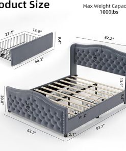 Queen Size Upholstered Bed Frame with Storage Drawers and Wingback 2