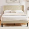 Queen Size Upholstered Bed Frame with Wave Headboard Beige