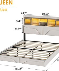 Maupvit Queen Size Floating Bed Frame with LED Lights and Bookcase 2