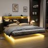 Queen Bed Frame with Storage Headboard and Charging Station, Brown 3