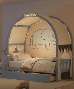 Merax Twin Canopy Bed with Light Strip and Storage Drawers in Grey 2