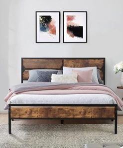 VECELO Heavy Duty Queen Bed Frame with Wooden Headboard and Storage