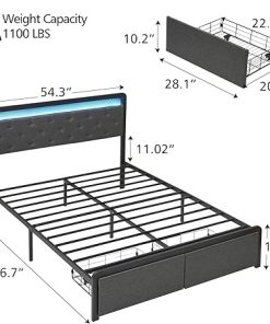 GAOMON Full Bed Frame with Storage Drawers and LED Headboard Dark Grey 2