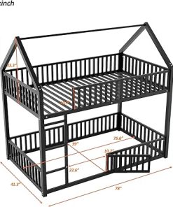 Twin Metal House Bunk Bed Frame with Fence and Door Black Finish 2