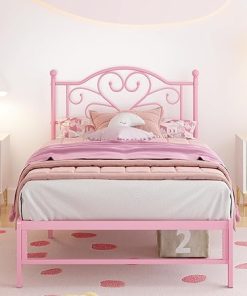 Elephance Pink Twin Bed Frame with Headboard and Storage Space