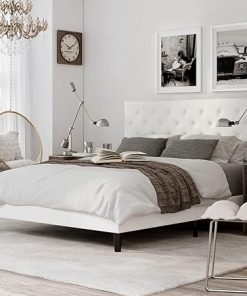 Faux Leather Upholstered Platform Bed Frame with Tufted Headboard White