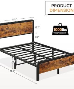 Rustic Brown Full Size Metal Bed Frame with Wooden Headboard Support 2