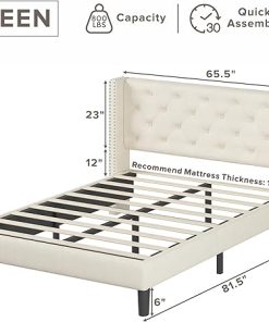 Queen Size Upholstered Wingback Bed Frame with Diamond Tufted Headboard 2
