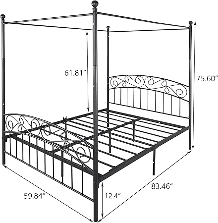 Modern Metal Canopy Bed Frame Queen 4 Post with Headboard and Slats 2 Modern Metal Canopy Bed Frame Queen 4 Post with Headboard and Slats - Image 2