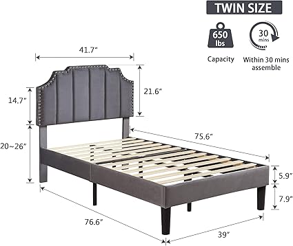 VECELO Twin Size Upholstered Platform Bed Frame with Adjustable Headboard 2 VECELO Twin Size Upholstered Platform Bed Frame with Adjustable Headboard - Image 2