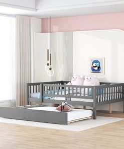 Wooden Full Size Daybed Frame with Trundle and Fence Guardrails